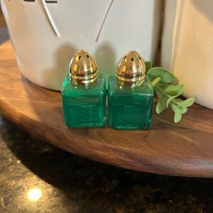 Vintage Made in Taiwan Green Glass Salt and Pepper Shakers with Gold Tops
